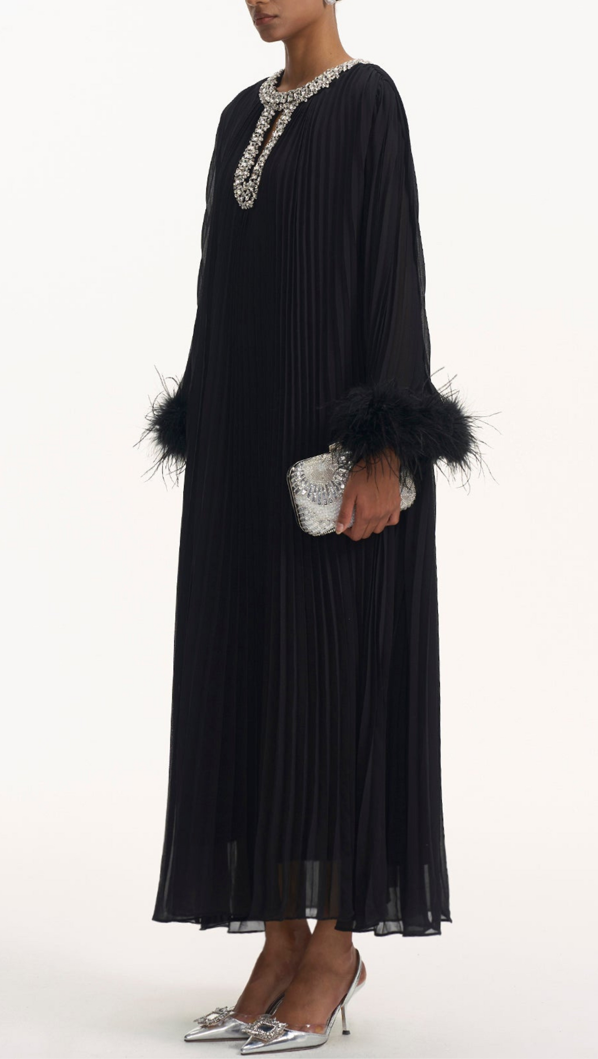 AIIZIE MANJA DIAMANTE CHIFFON FEATHER MAXI DRESS - BLACK - product image