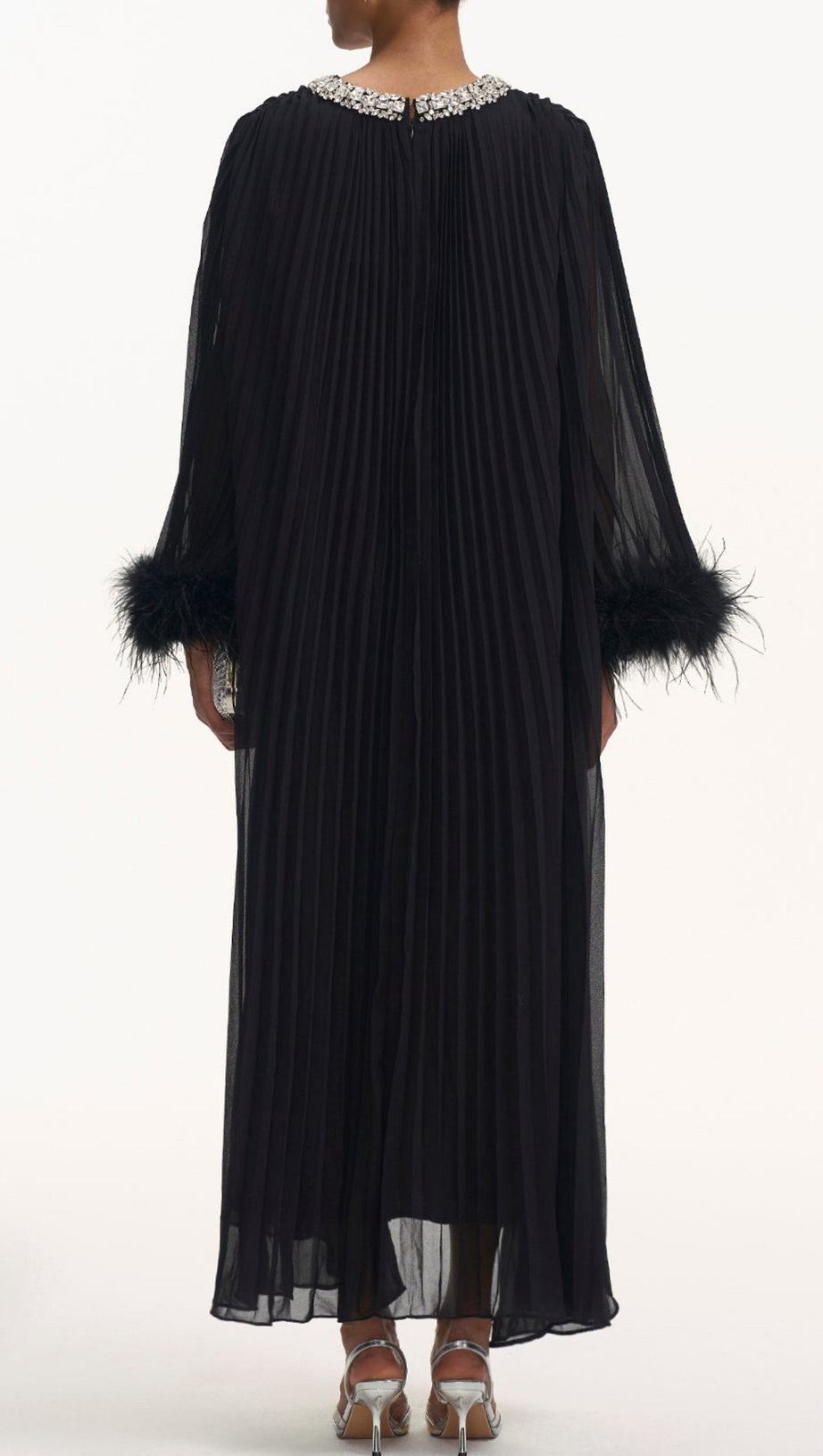 MANJA DIAMANTE CHIFFON FEATHER MAXI DRESS - BLACK