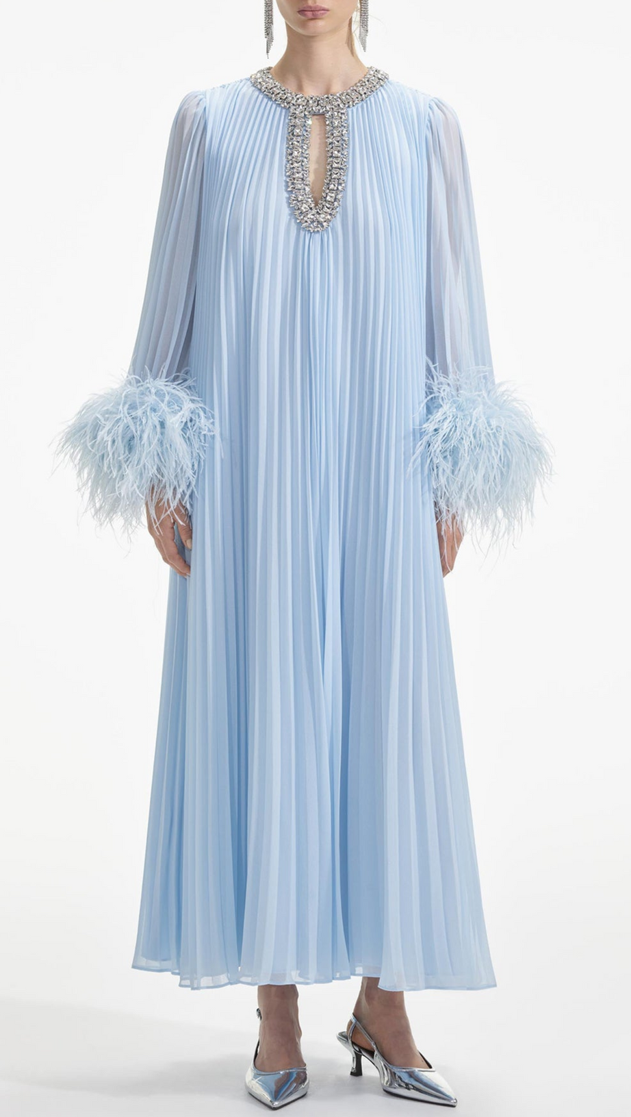 MANJA DIAMANTE CHIFFON FEATHER MAXI DRESS - BLUE