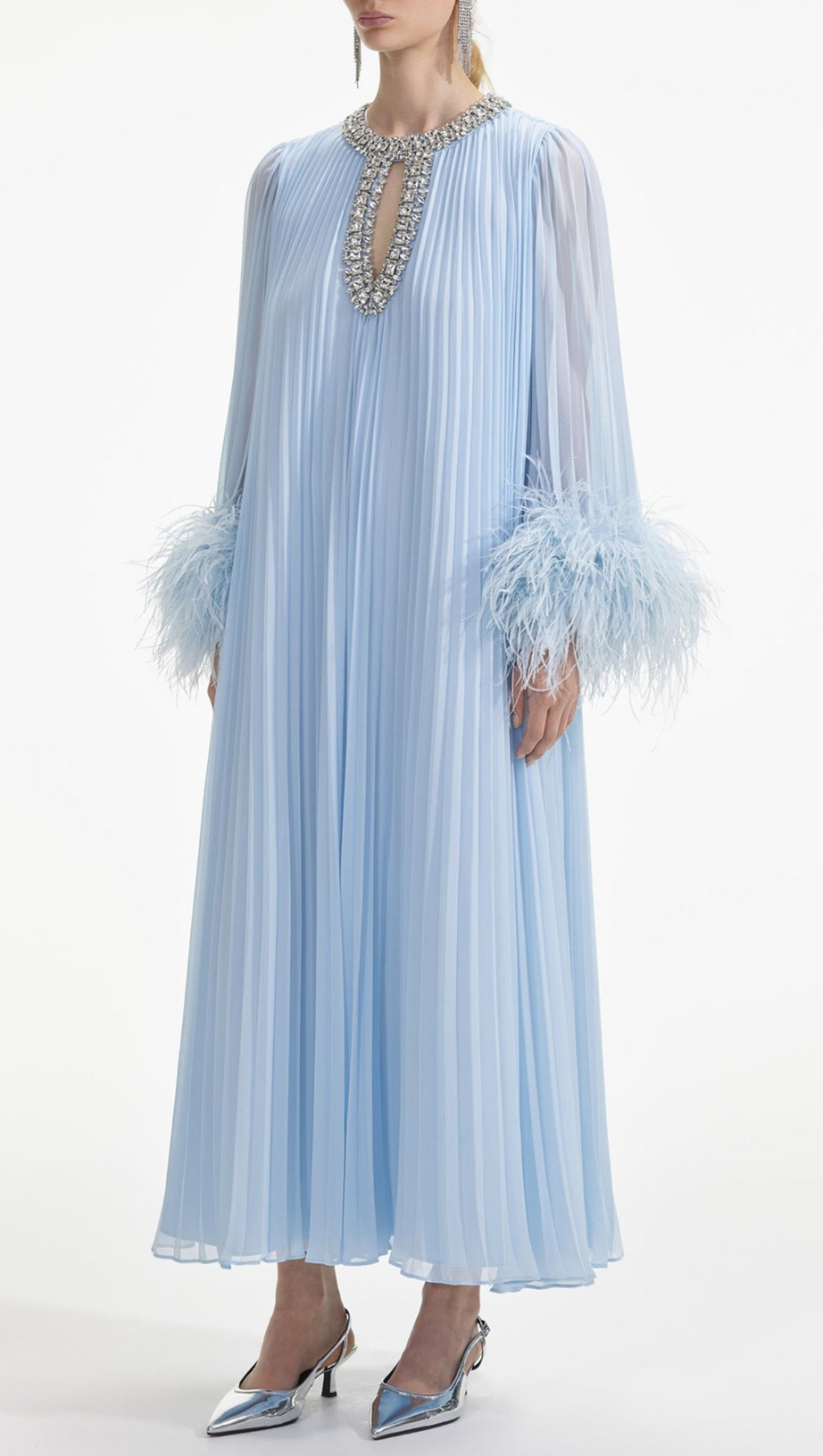 MANJA DIAMANTE CHIFFON FEATHER MAXI DRESS - BLUE