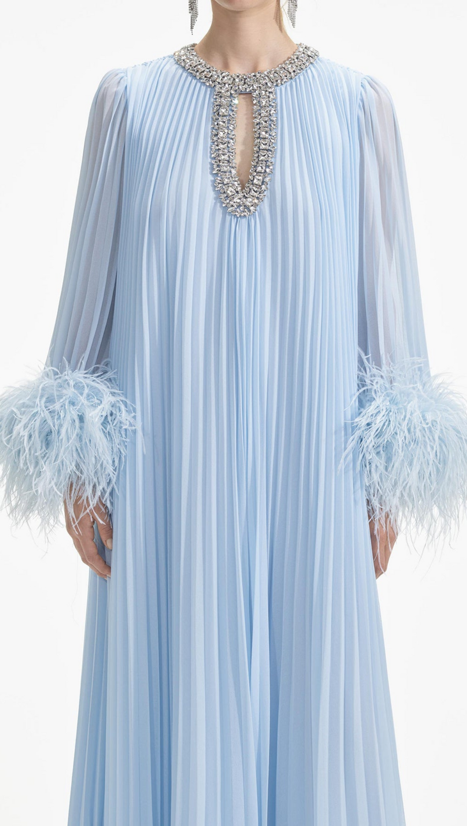 MANJA DIAMANTE CHIFFON FEATHER MAXI DRESS - BLUE