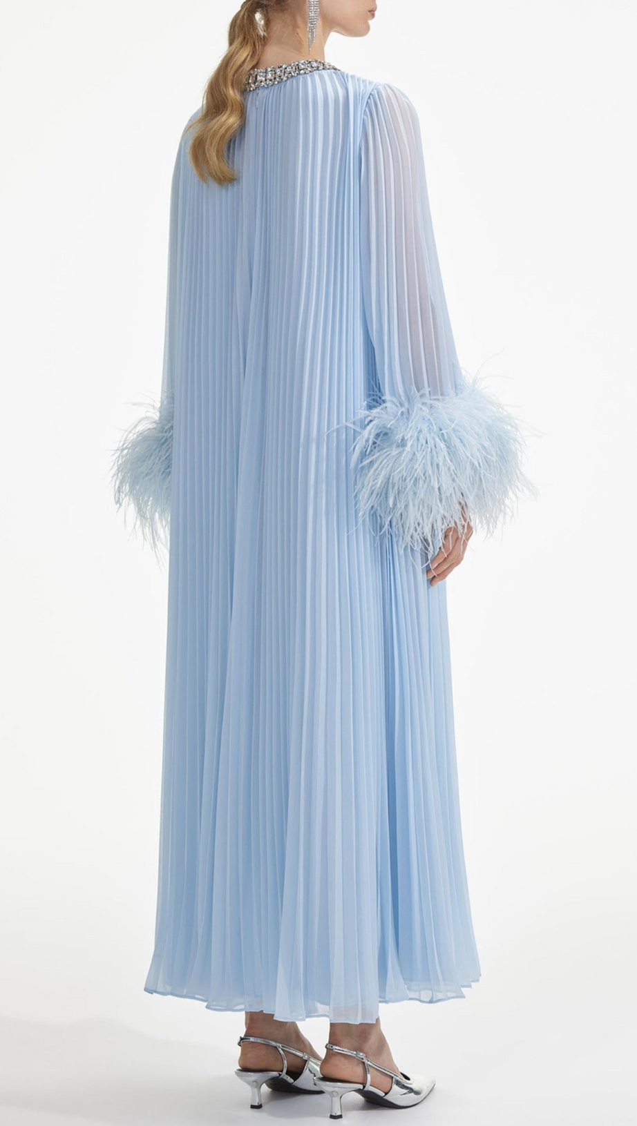 MANJA DIAMANTE CHIFFON FEATHER MAXI DRESS - BLUE