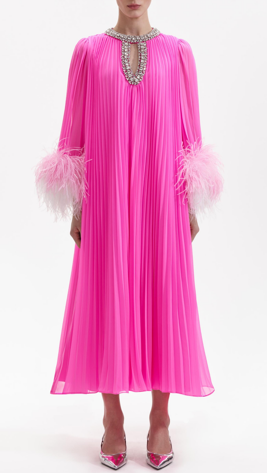 MANJA DIAMANTE CHIFFON FEATHER MAXI DRESS - PINK