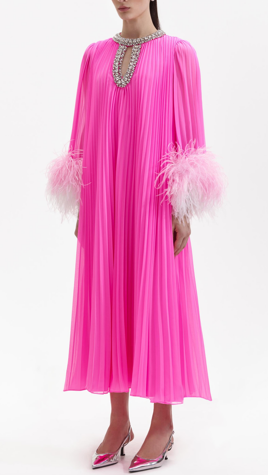 MANJA DIAMANTE CHIFFON FEATHER MAXI DRESS - PINK