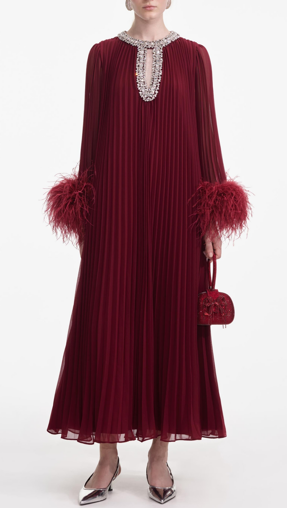 MANJA DIAMANTE CHIFFON FEATHER MAXI DRESS - RED