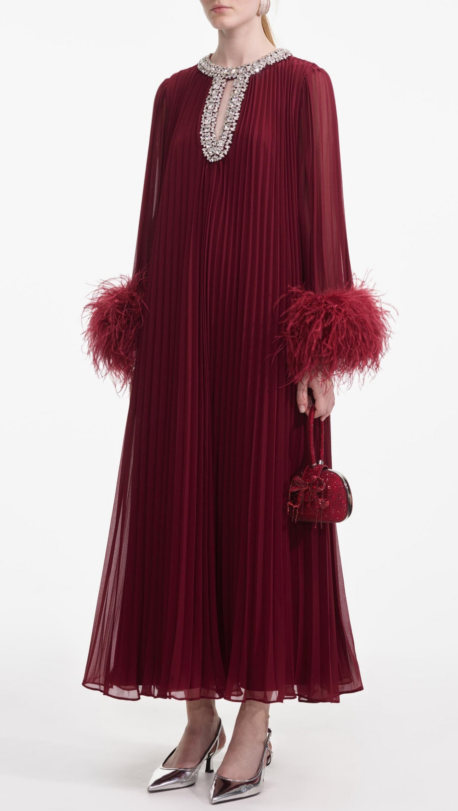 MANJA DIAMANTE CHIFFON FEATHER MAXI DRESS - RED