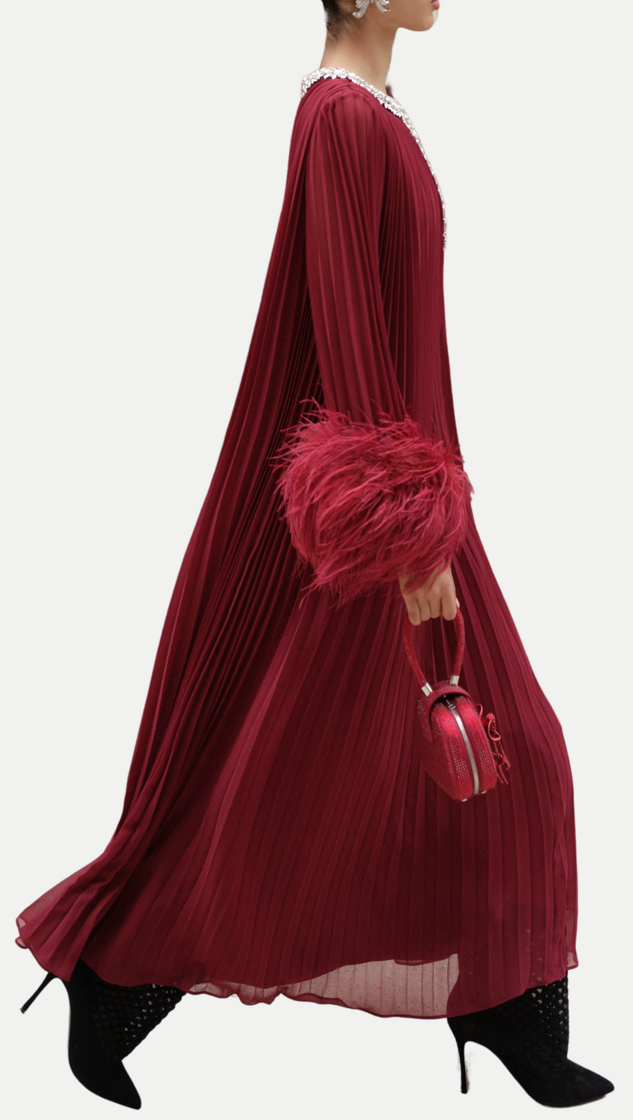 MANJA DIAMANTE CHIFFON FEATHER MAXI DRESS - RED