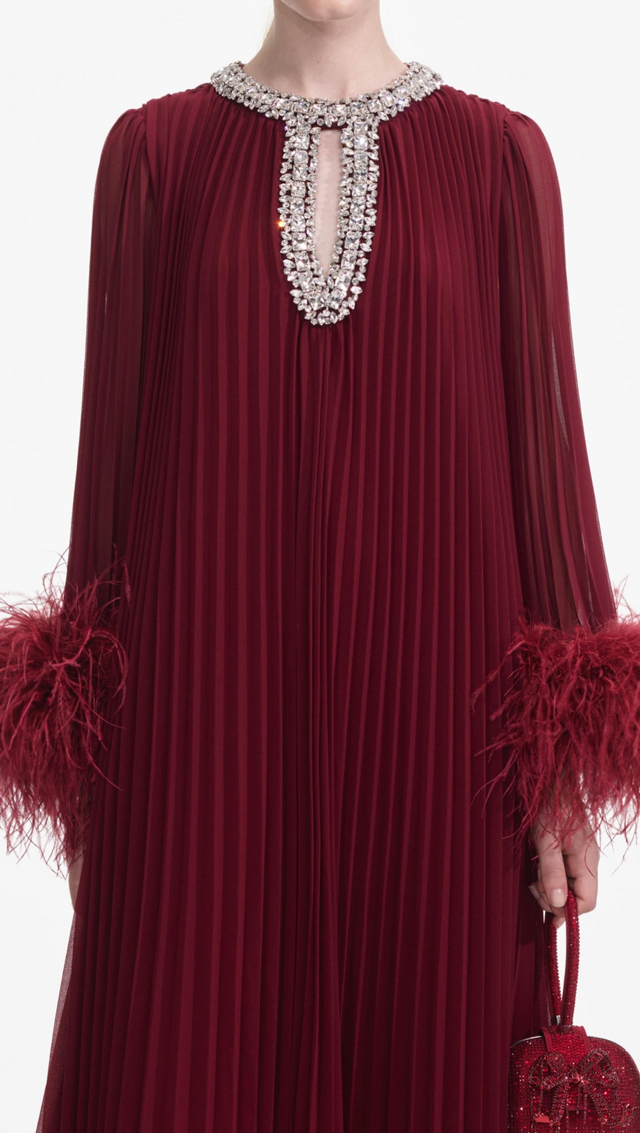 MANJA DIAMANTE CHIFFON FEATHER MAXI DRESS - RED