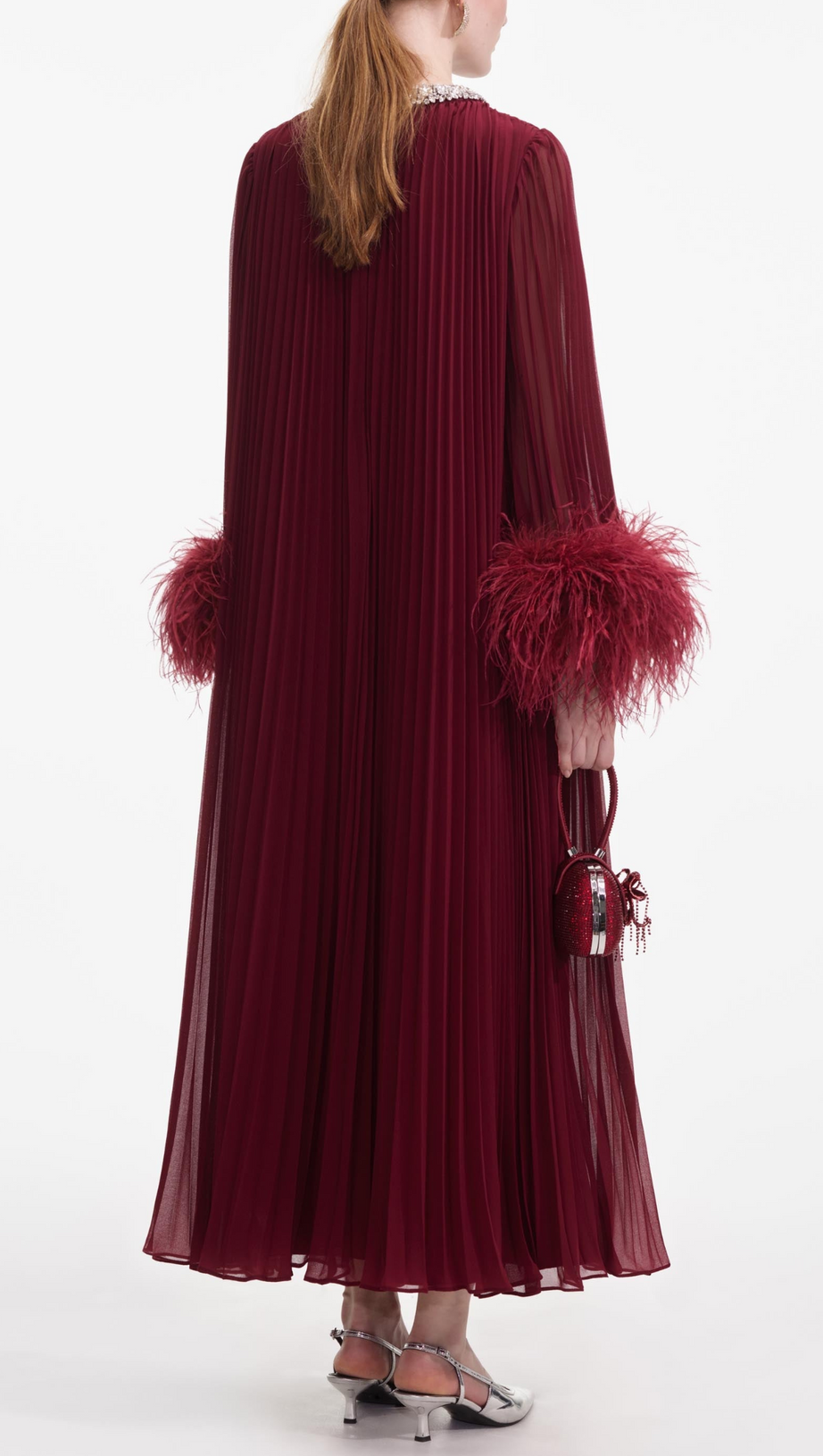 MANJA DIAMANTE CHIFFON FEATHER MAXI DRESS - RED