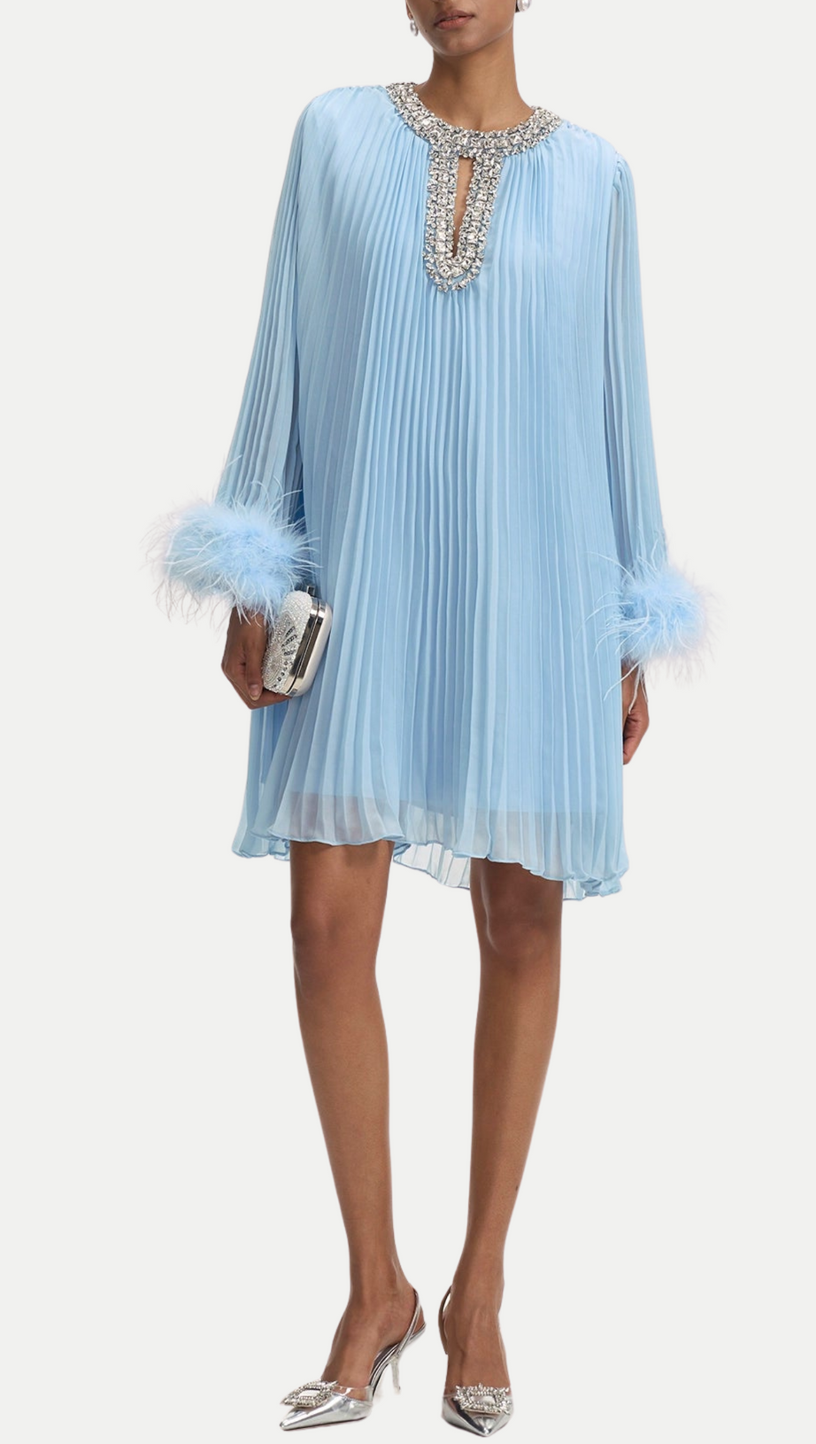 MANJA DIAMANTE CHIFFON FEATHER MINI DRESS - BLUE