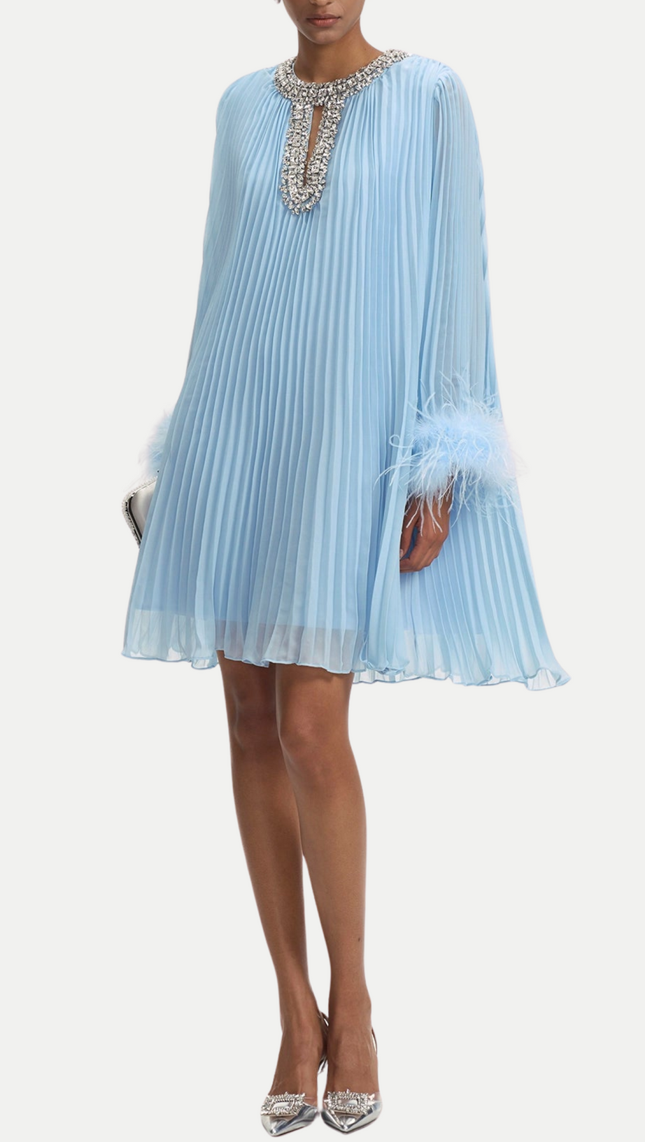 MANJA DIAMANTE CHIFFON FEATHER MINI DRESS - BLUE