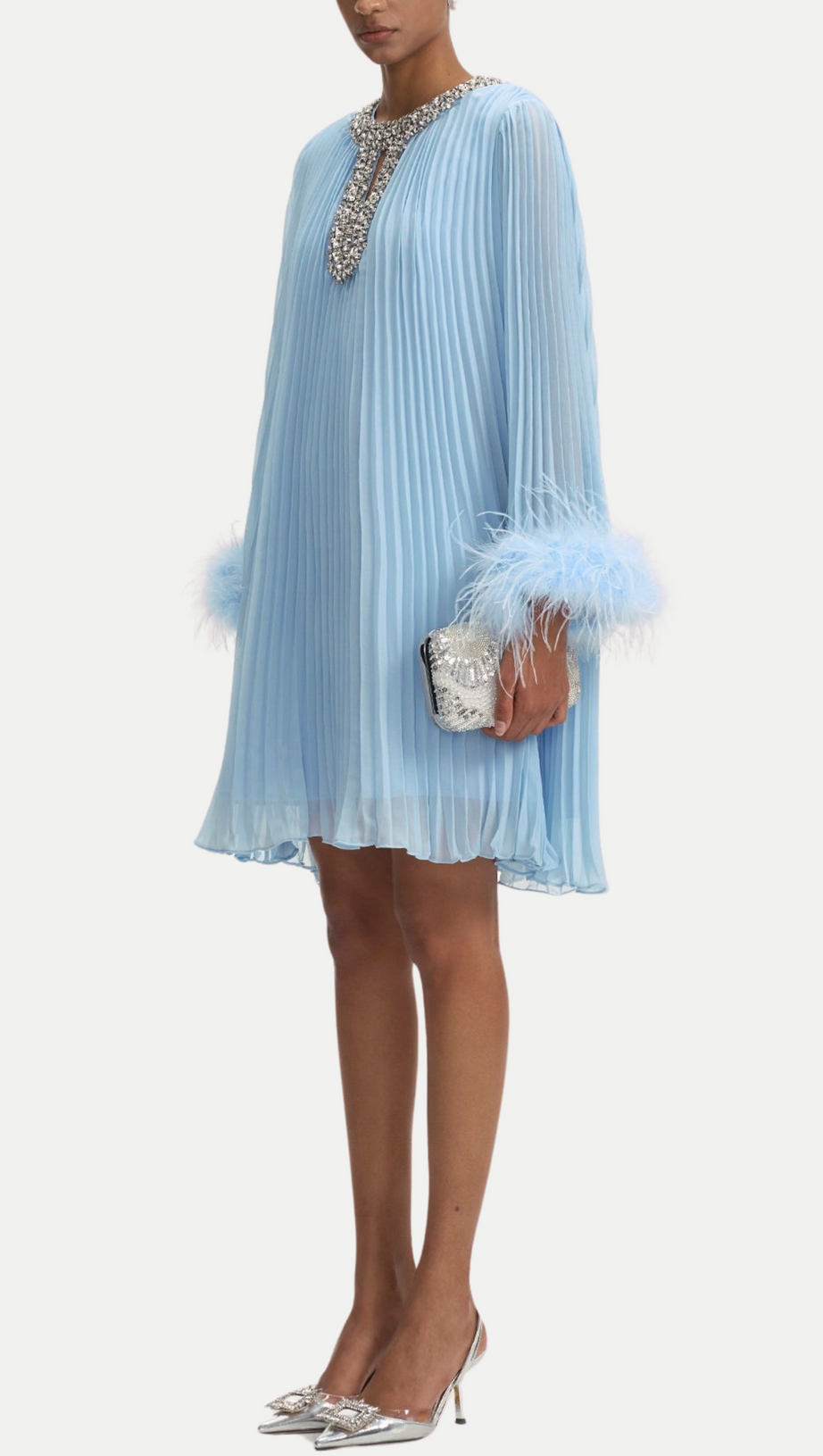 MANJA DIAMANTE CHIFFON FEATHER MINI DRESS - BLUE