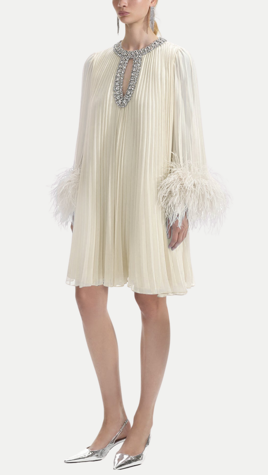 MANJA DIAMANTE CHIFFON FEATHER MINI DRESS - WHITE