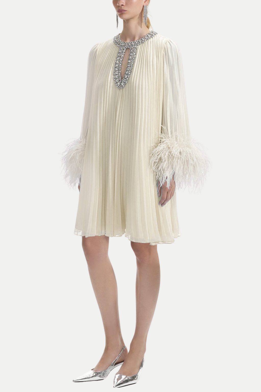 MANJA DIAMANTE CHIFFON FEATHER MINI DRESS - WHITE