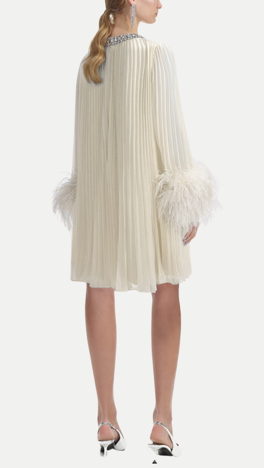 MANJA DIAMANTE CHIFFON FEATHER MINI DRESS - WHITE