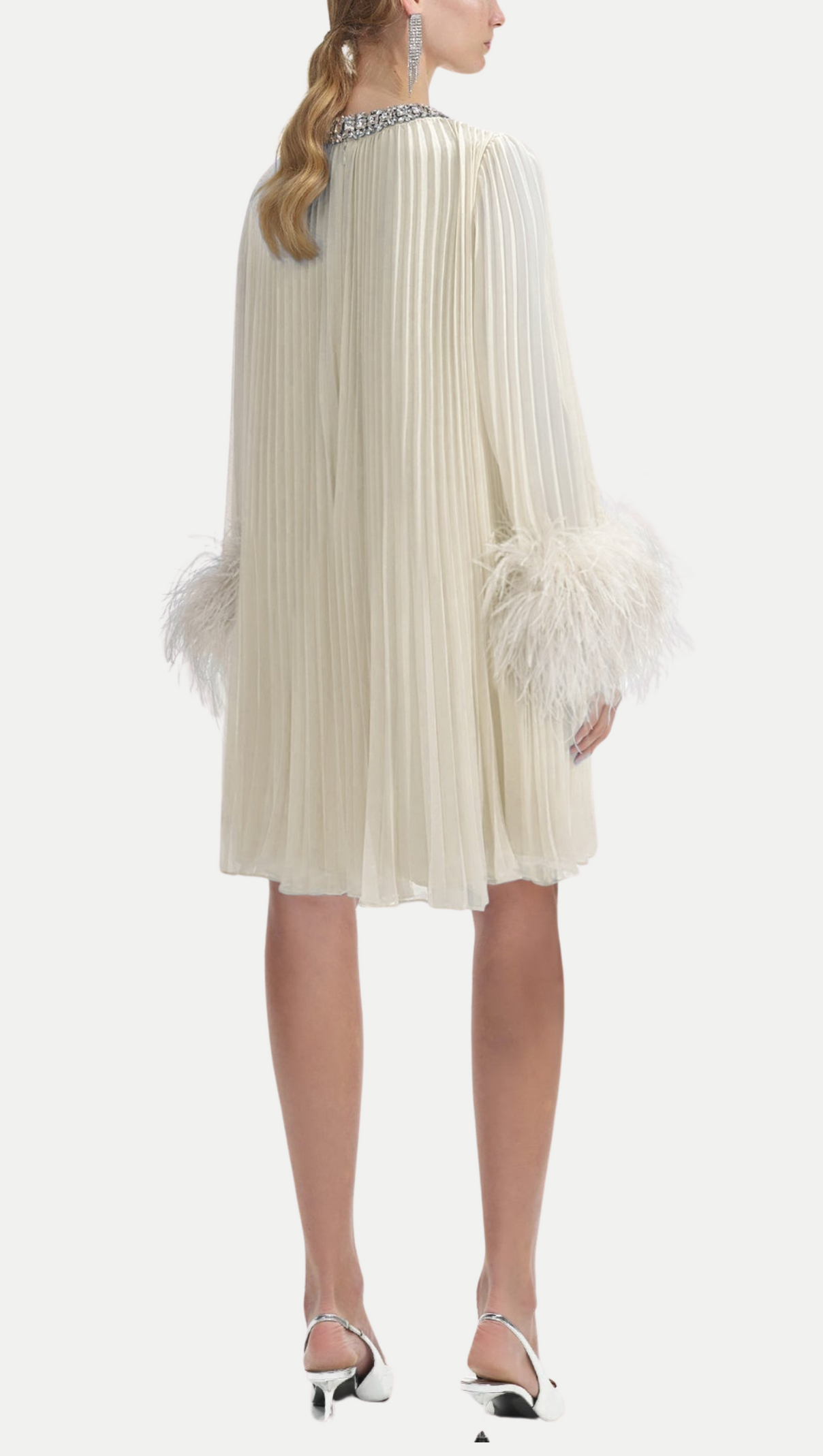 AIIZIE MANJA DIAMANTE CHIFFON FEATHER MINI DRESS - WHITE - product image