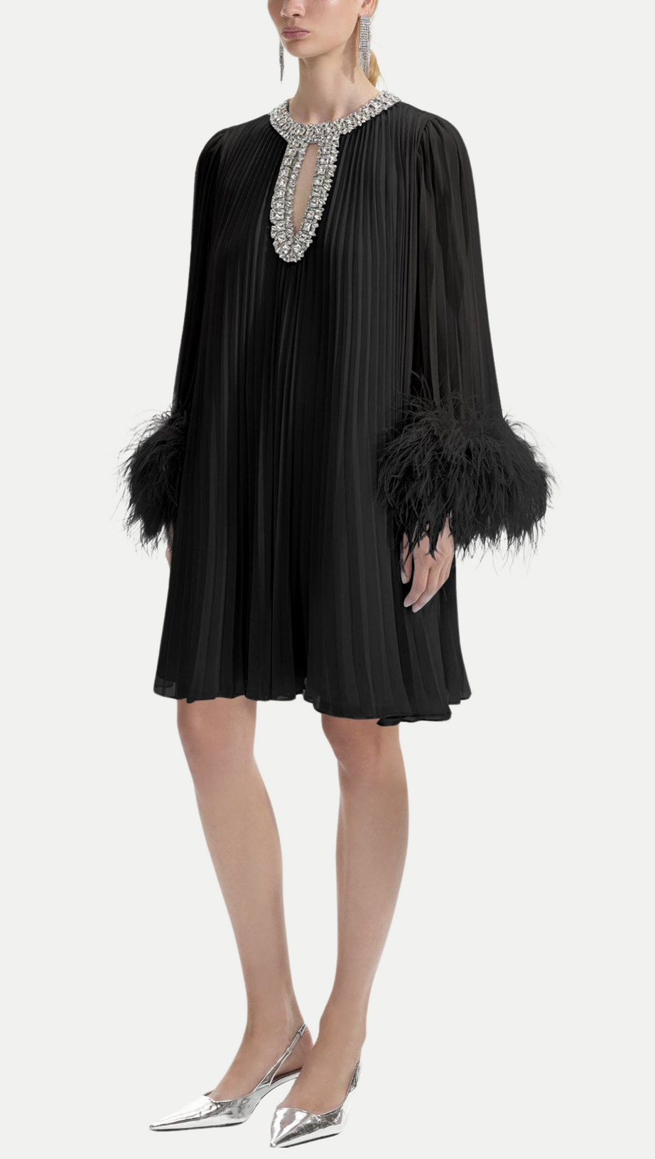 MANJA DIAMANTE CHIFFON FEATHER MINI DRESS - BLACK