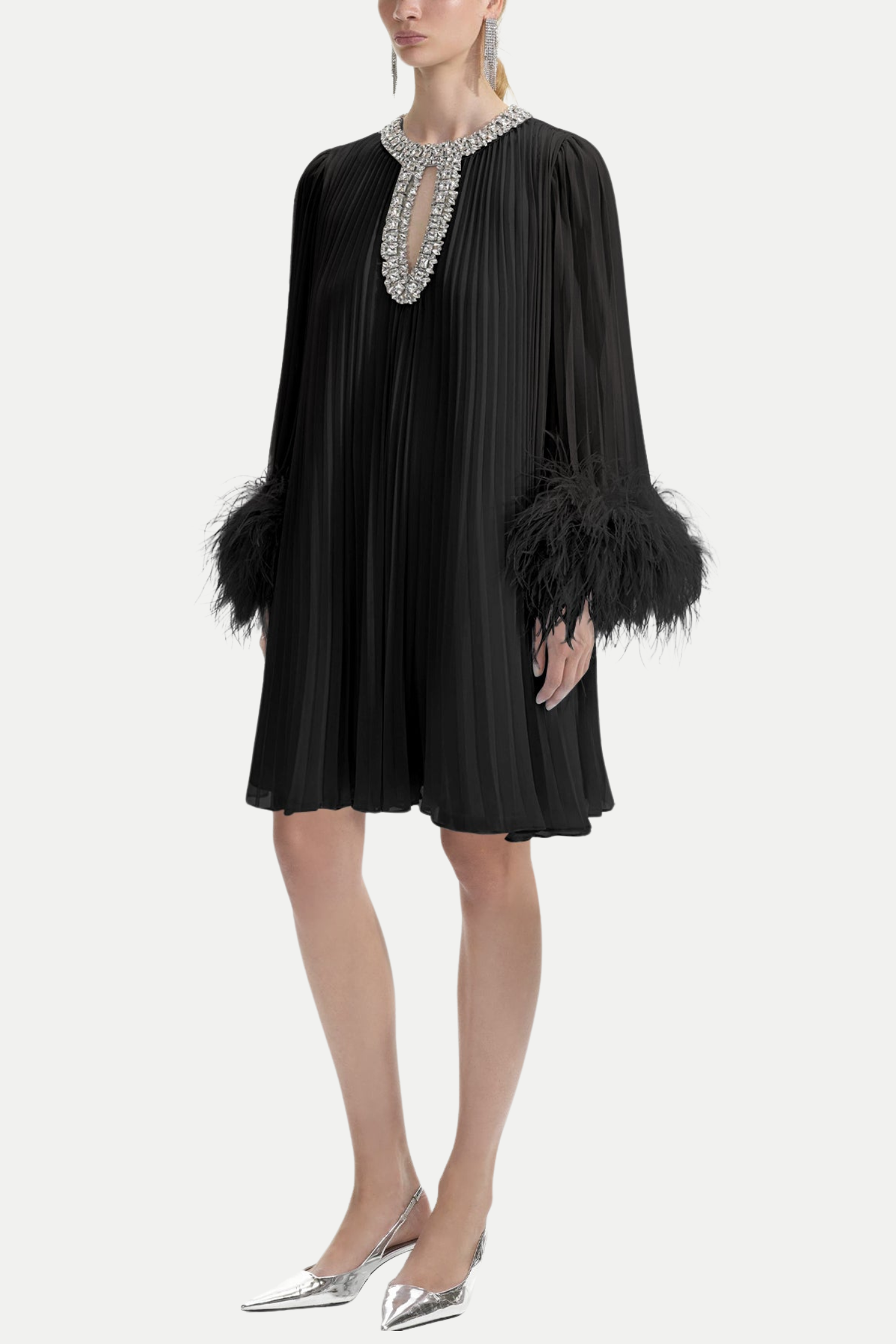 MANJA DIAMANTE CHIFFON FEATHER MINI DRESS - BLACK