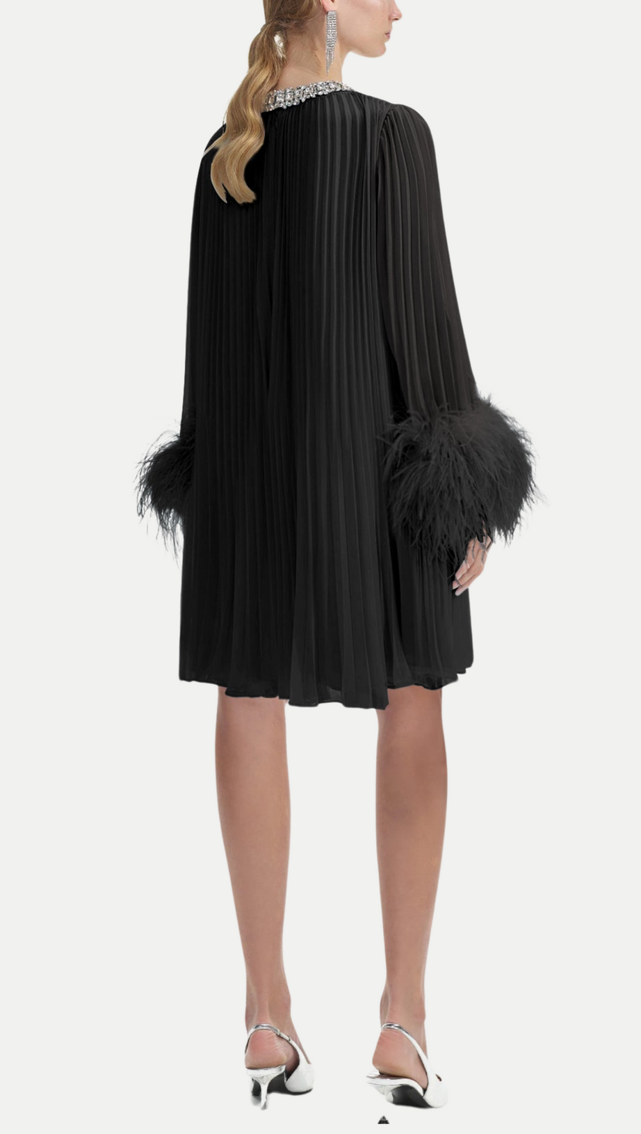 MANJA DIAMANTE CHIFFON FEATHER MINI DRESS - BLACK