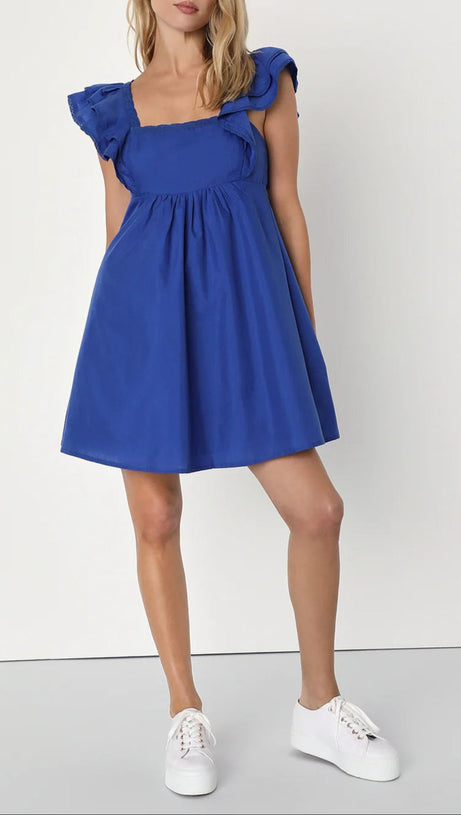 MARVELOUS TIME COBALT BLUE RUFFLED MINI DRESS
