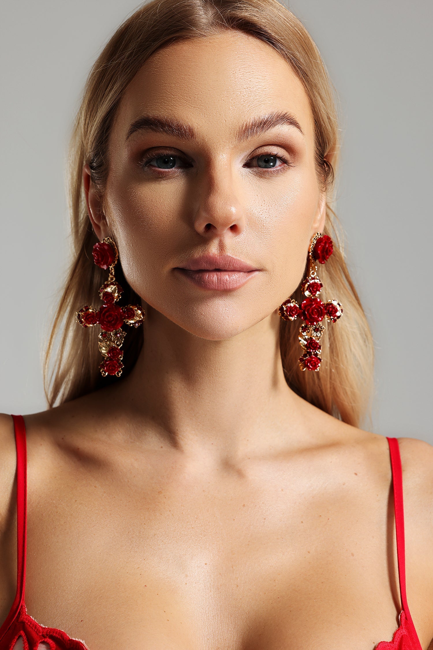 MARY FLOWER CROSS EARRINGS