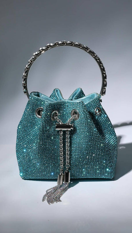 CRYSTAL EMBELLISHED BUCKET BAG IN BLUE