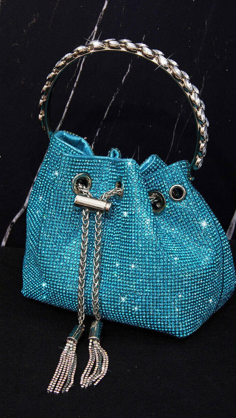 CRYSTAL EMBELLISHED BUCKET BAG IN BLUE