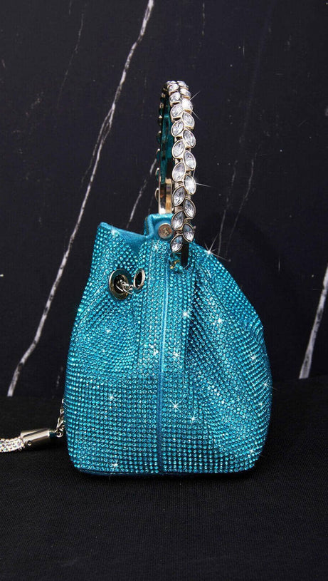 CRYSTAL EMBELLISHED BUCKET BAG IN BLUE