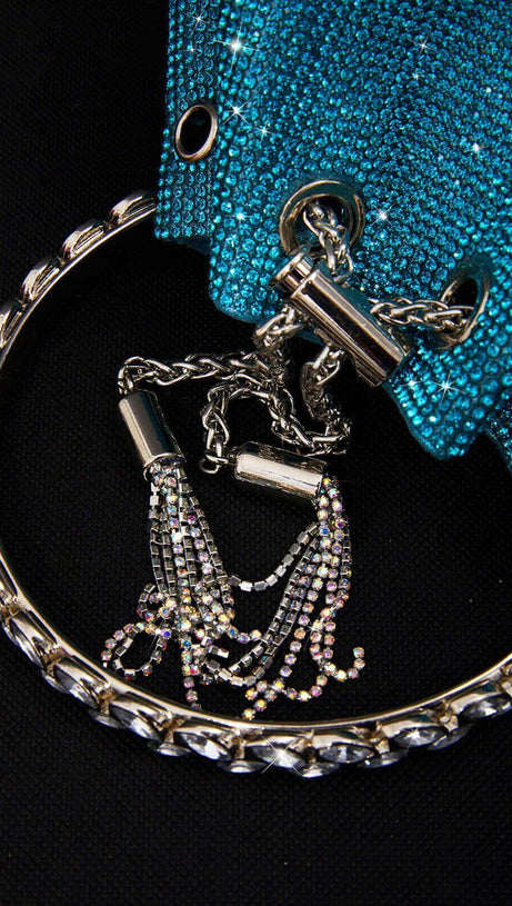 CRYSTAL EMBELLISHED BUCKET BAG IN BLUE