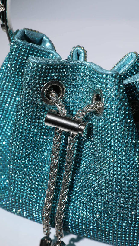 CRYSTAL EMBELLISHED BUCKET BAG IN BLUE