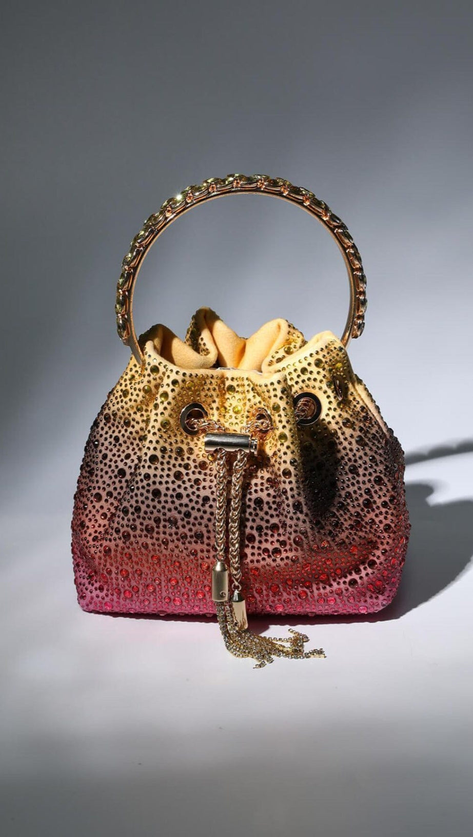 CRYSTAL EMBELLISHED BUCKET BAG IN OMBRE