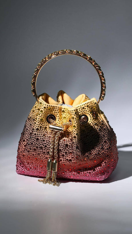 CRYSTAL EMBELLISHED BUCKET BAG IN OMBRE