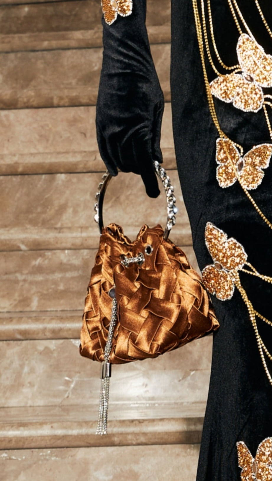 VELVET WEAVE CRYSTAL EMBELLISHED BUCKET BAG IN BROWN