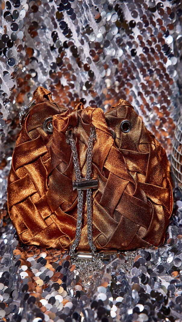 AIIZIE VELVET WEAVE CRYSTAL EMBELLISHED BUCKET BAG IN BROWN - product image