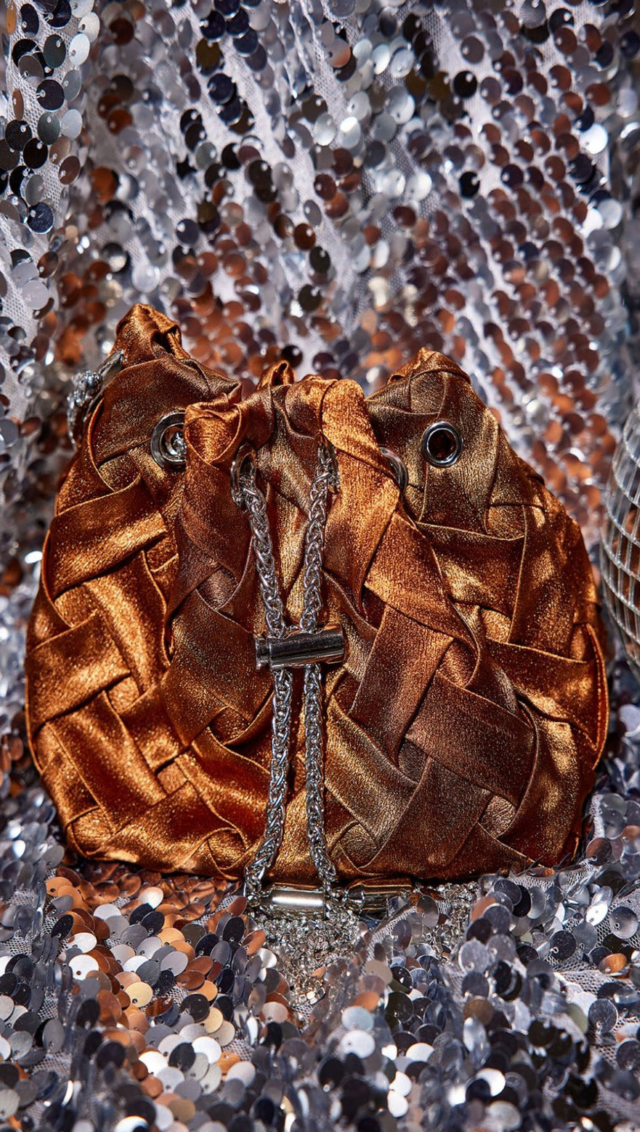 VELVET WEAVE CRYSTAL EMBELLISHED BUCKET BAG IN BROWN