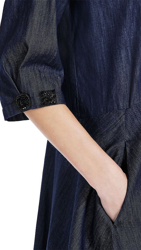 EMBELLISHED COTTON DENIM MIDI DRESS