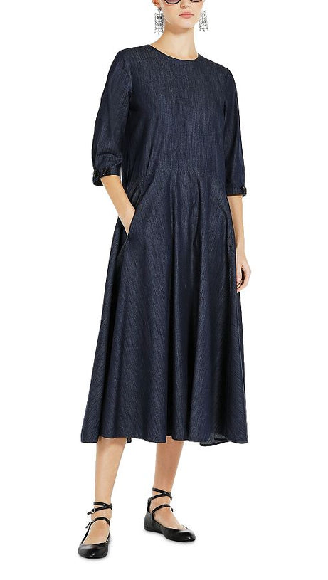 EMBELLISHED COTTON DENIM MIDI DRESS
