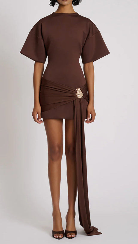 DRAPED EMBELLISHED MINI DRESS - BROWN