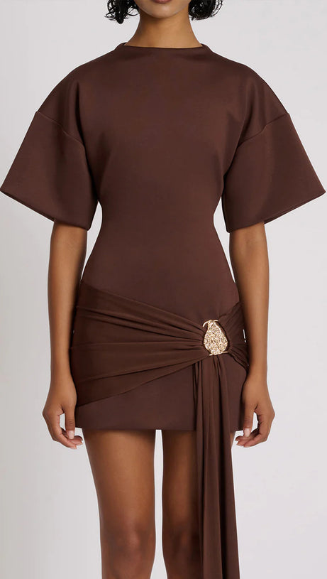 DRAPED EMBELLISHED MINI DRESS - BROWN