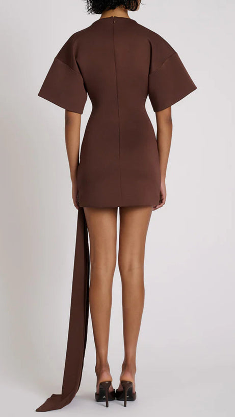 DRAPED EMBELLISHED MINI DRESS - BROWN