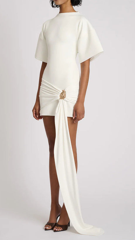 DRAPED EMBELLISHED MINI DRESS - WHITE