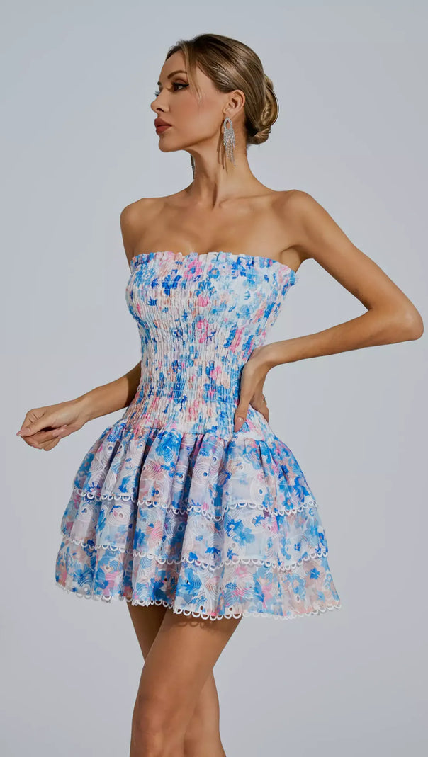 AIIZIE BLUE FLORAL RUCHED STRAPLESS MINI DRESS - product image