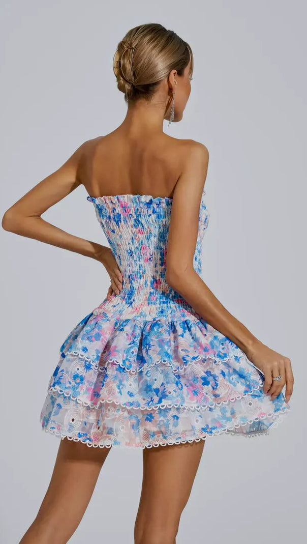 AIIZIE BLUE FLORAL RUCHED STRAPLESS MINI DRESS - product image