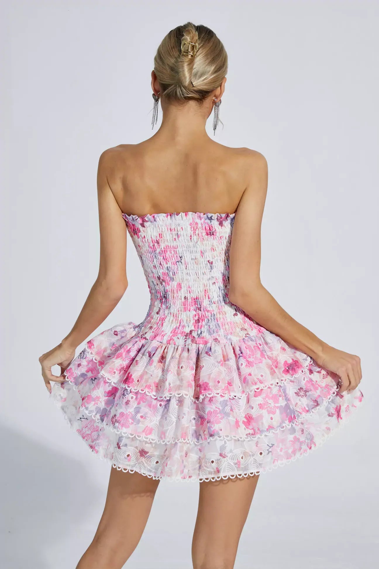 PINK FLORAL RUCHED STRAPLESS MINI DRESS