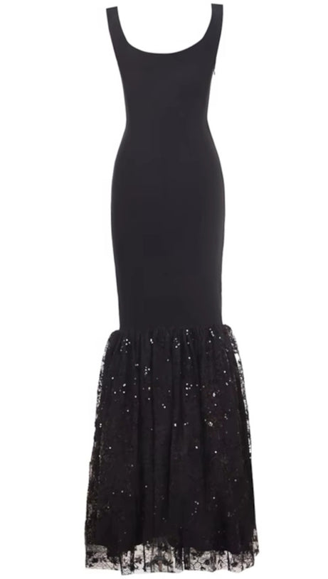 ABITO LUNGO IN PIZZO CON PAILLETTES A SIRENA NERO