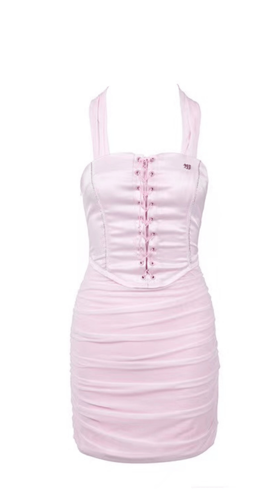 MESH PANELLING SATIN HALTERNECK DRESS.