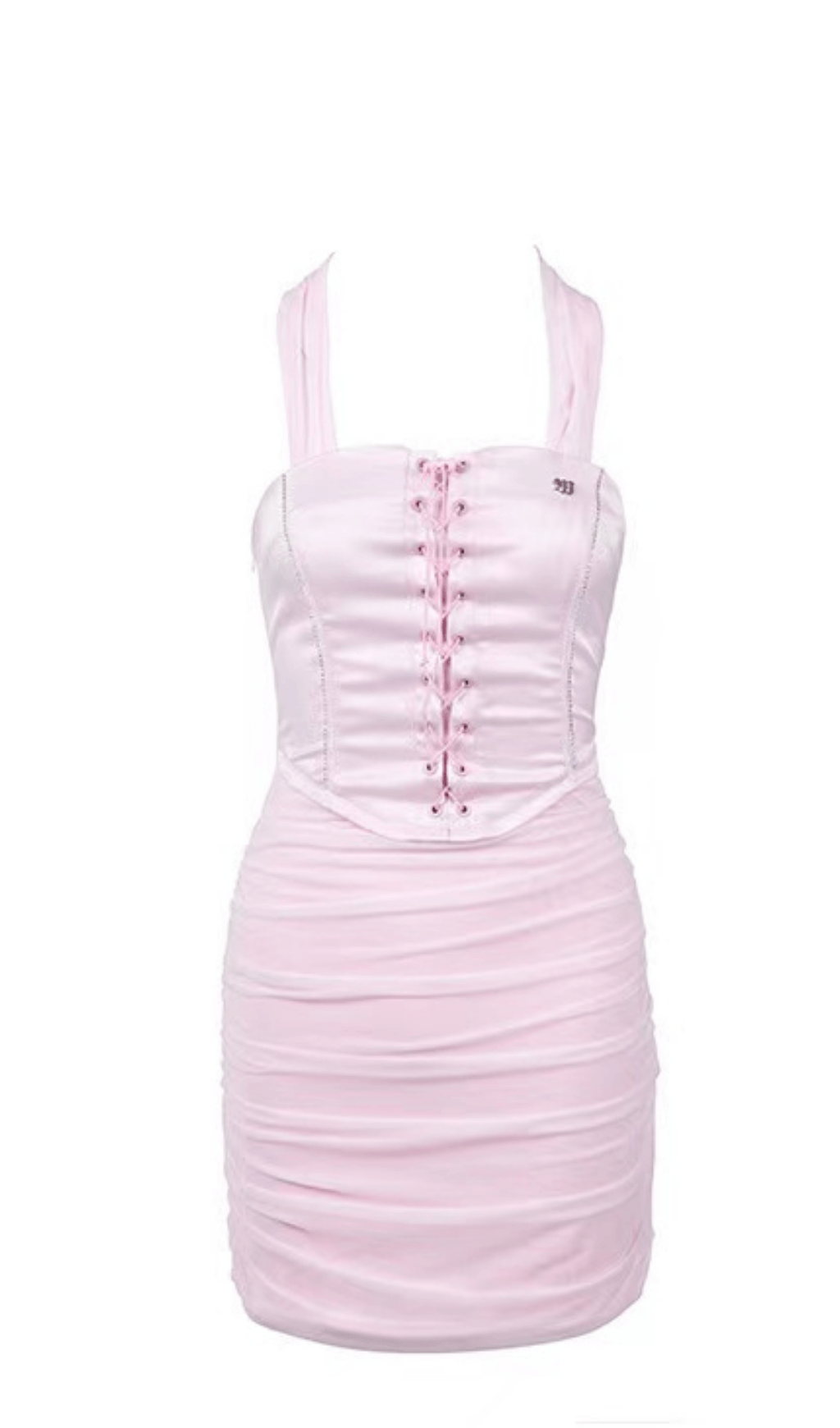 Neckholderkleid aus Satin mit Netzeinsätzen.