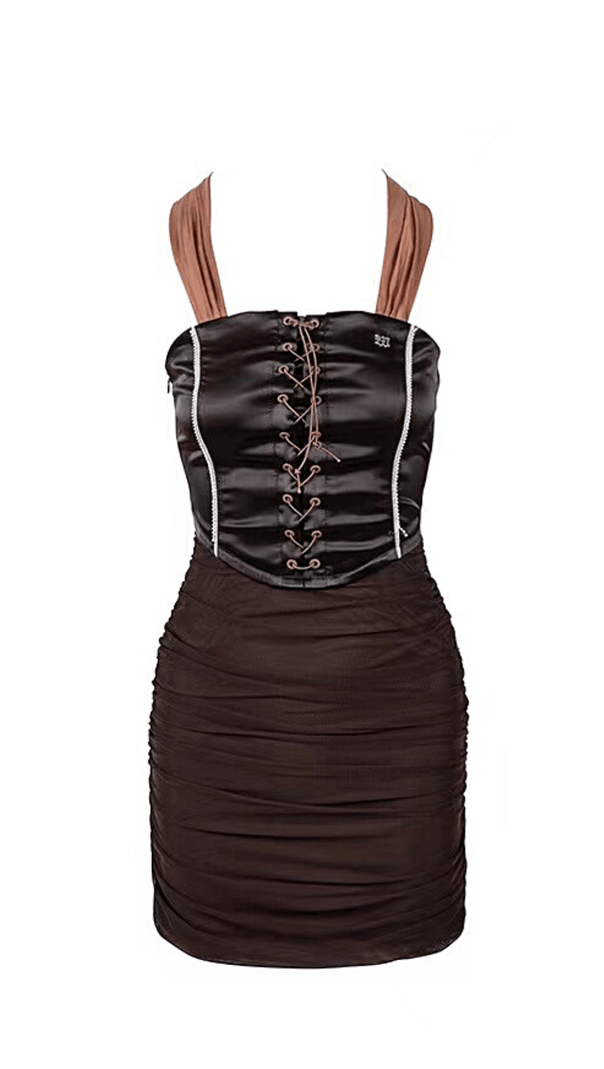 AIIZIE MESH PANELLING SATIN HALTERNECK DRESS. - product image