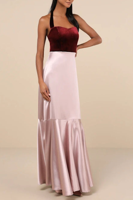 MESMERIZING IMPRESSION MAUVE PINK MIXED MEDIA HALTER MAXI DRESS LULUS