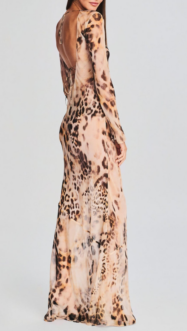 AIIZIE WINNI LEOPARD BACKLESS SILK MAXI DRESS - product image